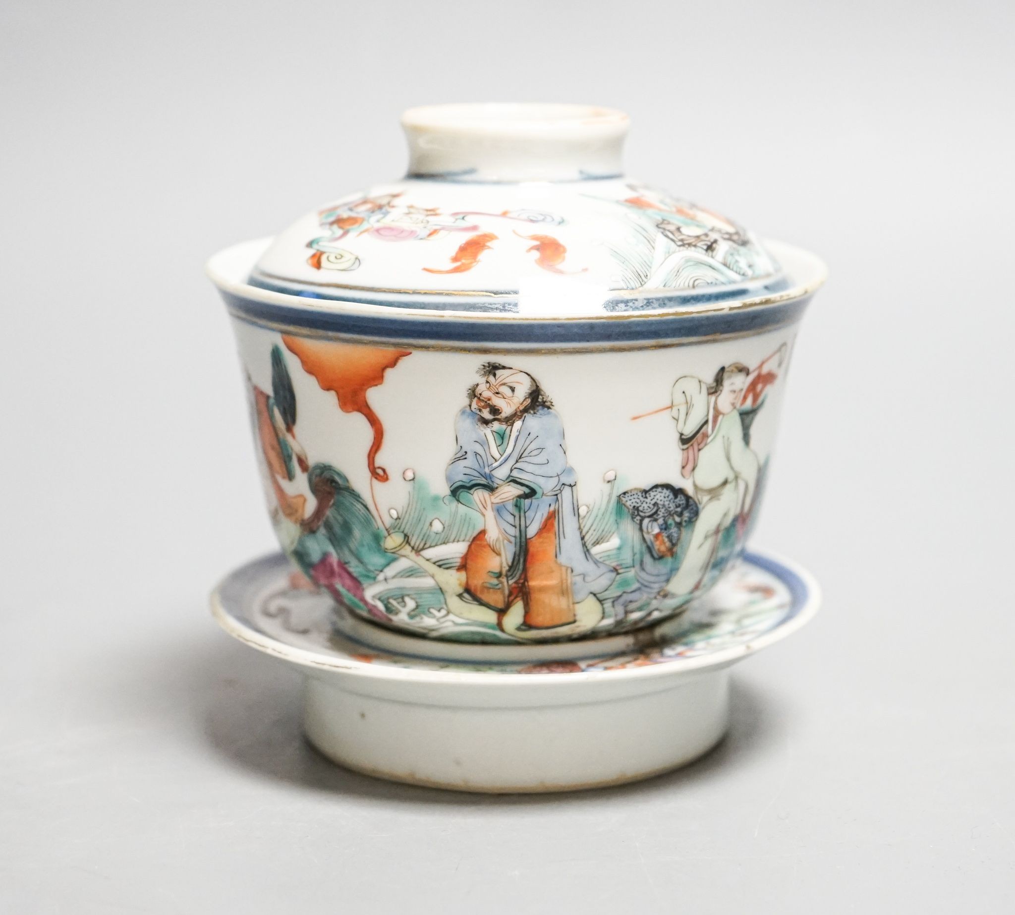 A late 19th century Chinese famille rose rice bowl, cover and stand, 11cm